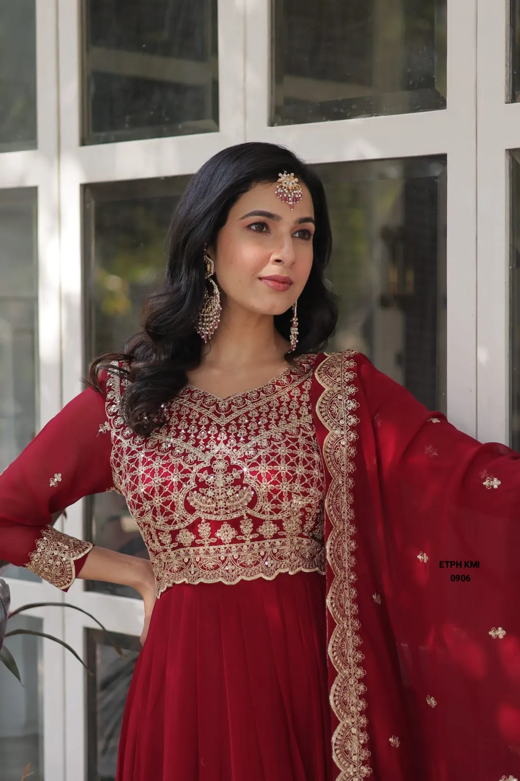 Maroon & Wine Zari Sequins Work Faux Blooming Anarkali Gown Set